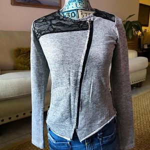 Gray with black lace details terry asymmetric zip cardigan Small
